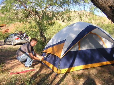 Putting up the tent in Palo Duro canyon, TX, 6th September 2004.