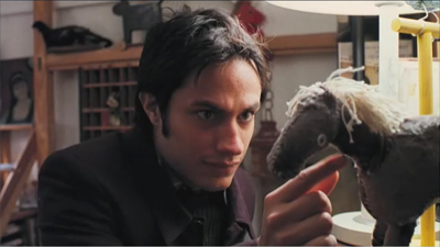 Gael Garcia Bernal as Stephane inspects his woollen horse in The Science of Sleep