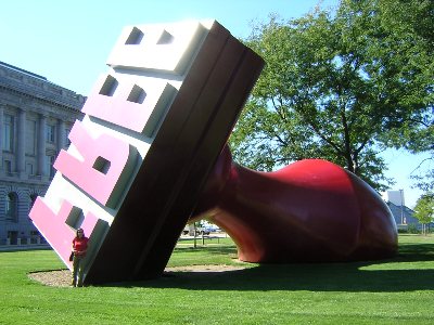 Courtney and the world's largest rubber stamp, Cleveland, OH, August 31st 2004.
