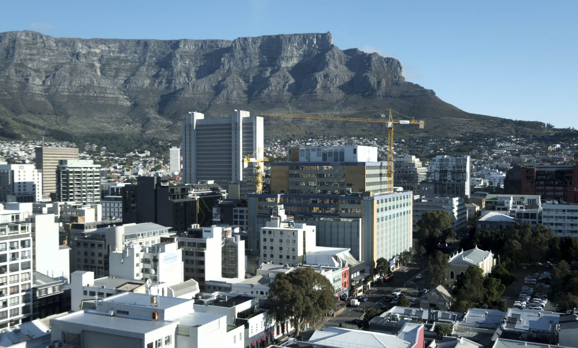 View of Cape Town bowl with Table Mountain in background.