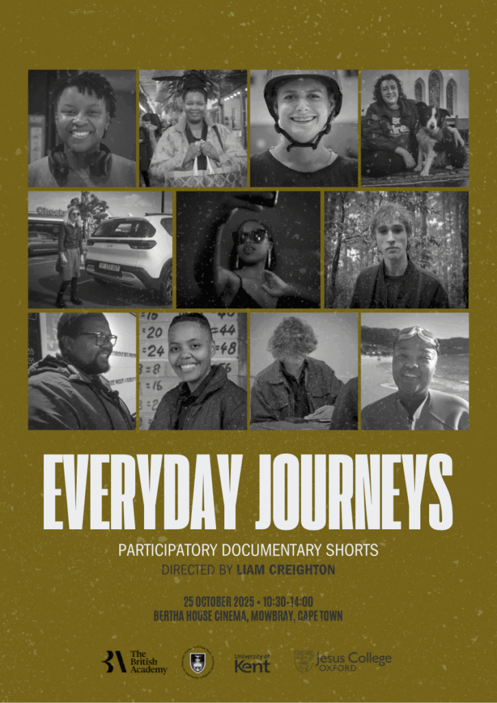 Poster advertising a screening of 'Everyday Journeys' participatory documentary shorts at Bertha House Cinema, Cape Town, 10:30, 25th Oct 2025.